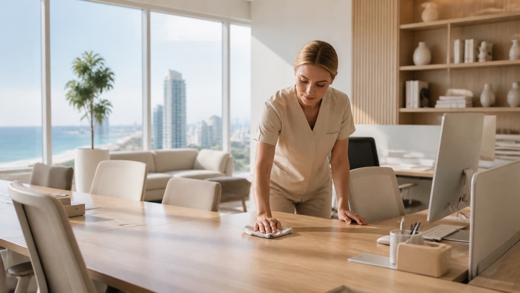 Professional office cleaning in a warm Gold Coast workspace